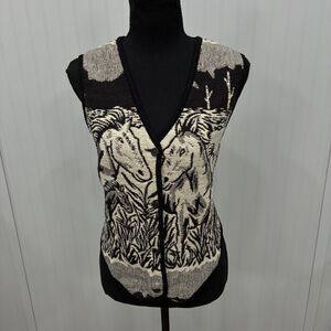 New Identity Women's Medium Black White Horse Tapestry Vest Southwest Western